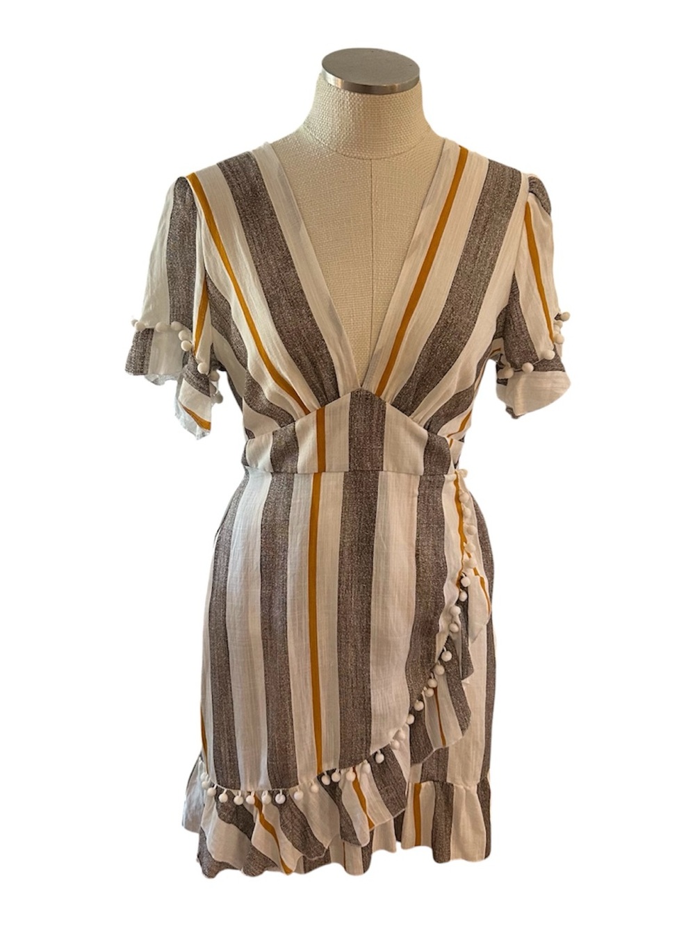 Simplee Striped Faux Wrap Dress Pom Pom Trim V Neck Ruffle Hem Size L